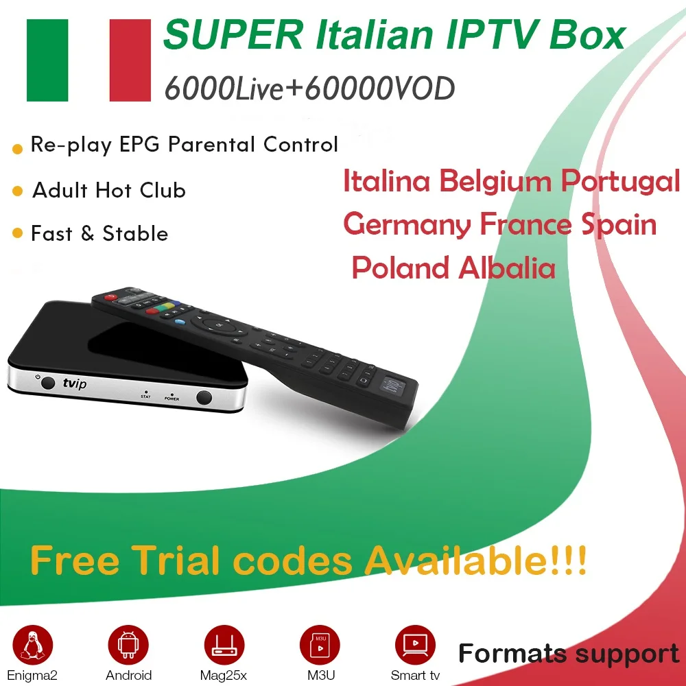 TVIP605 TV Box+Italy IPTV Adult Germany Albanian Europe IPTV Amlogic S905X H.265 WiFi Android/Linux OS Smart TV Box KO MAG250 
TVIP605 TV Box+Italy IPTV Adult Germany Albanian Europe IPTV Amlogic S905X H.265 WiFi Android/Linux OS Smart TV Box KO MAG250