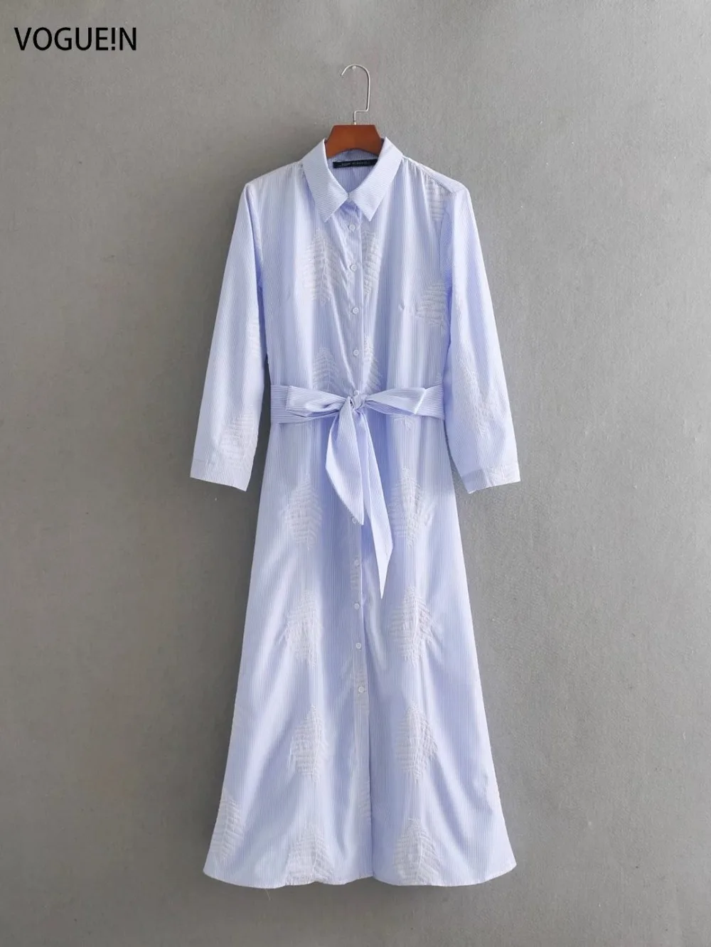 VOGUEIN New Womens Lapel Leaf Embroidered Striped Bow Belt Long Blouse Shirt Wholesale |
