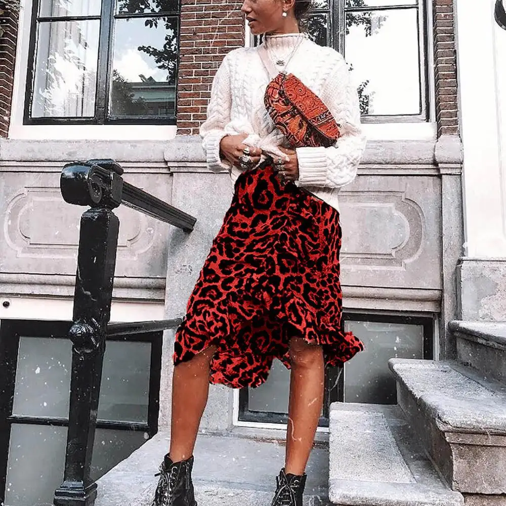 

2019 Leopard Long Skirt Women High Waist Midi Skirt Female Office Ruffle Animal Print Skirts Womens Summer Red New Hot Sale AD