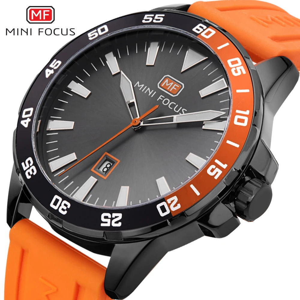 

MINI FOCUS Army Military Sport Watch Men Quartz Clock Orange Rubber Strap Ocean Dial Date Display Fashion Creative Watches