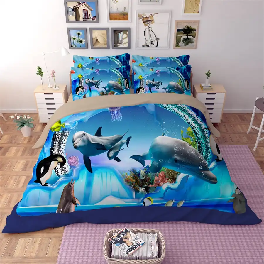 3d Fish Print Penguin Dolphin Mermaid Bedding Set Twin Queen King