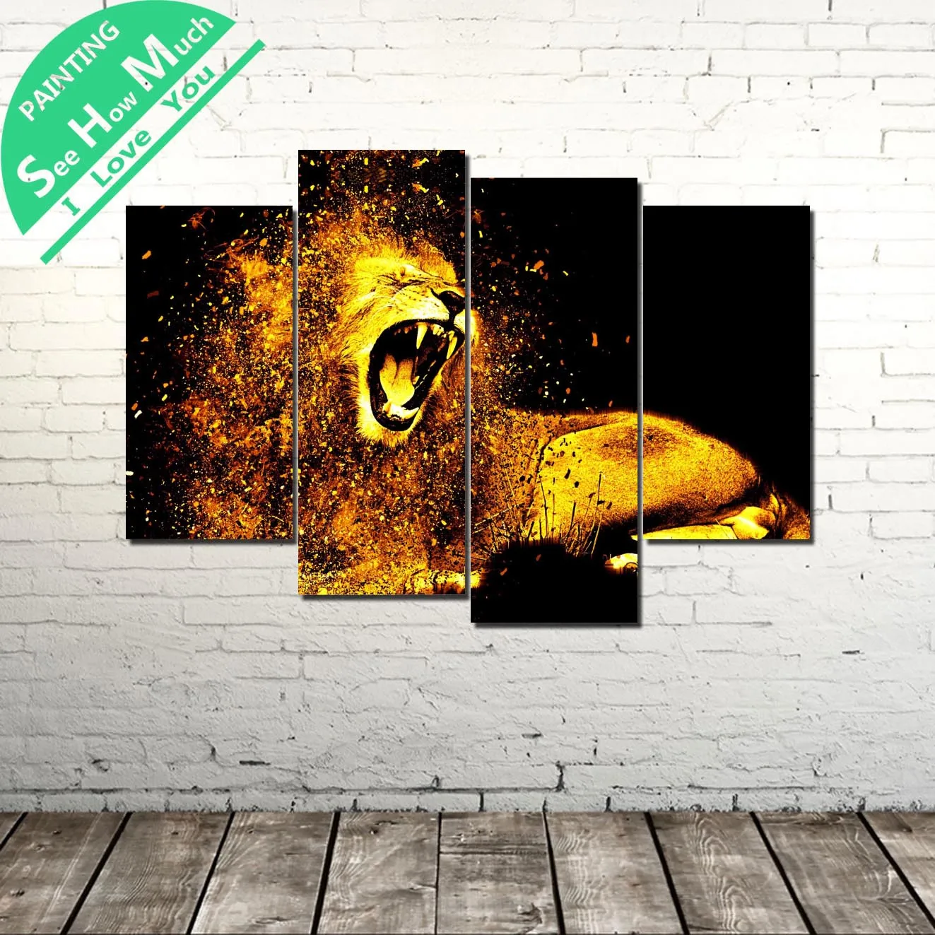 4 Piece Golden Lion wall art decor poster vintage decorative pictures canvas prints paintings picture home | Дом и сад