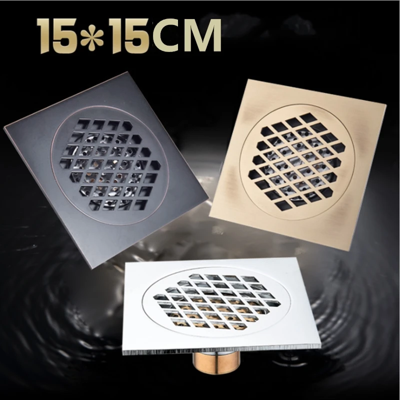 Фото Drains Euro Style Antique Brass Bathroom Shower 15*15cm Floor Drain Wire Strainer Art Carved Cover Waste | Обустройство дома