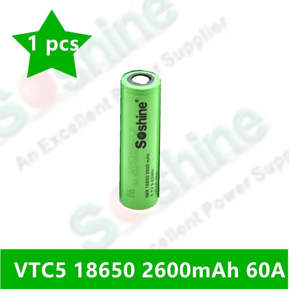 1 pcs original SOSHINE LI-ION VTC5 60A 18650 2600mah 3.7V FLAT TOP HIGH DRAIN rechargeable battery lithium batteries GREEN | Электроника