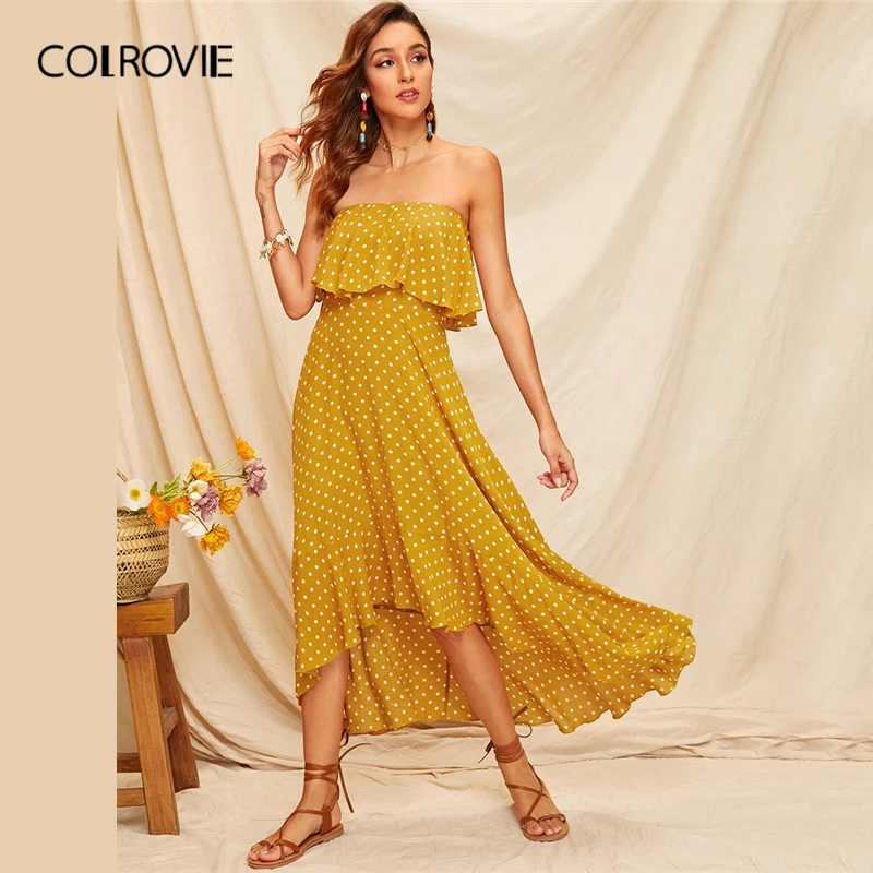 COLROVIE Ginger Ruffle Trim Asymmetrical Hem Dot Tube Dress Women 2019 Sexy Summer Strapless Boho High Waist Fit And Flare Dress
COLROVIE Ginger Ruffle Trim Asymmetrical Hem Dot Tube Dress Women 2019 Sexy Summer Strapless Boho High Waist Fit And Flare Dress