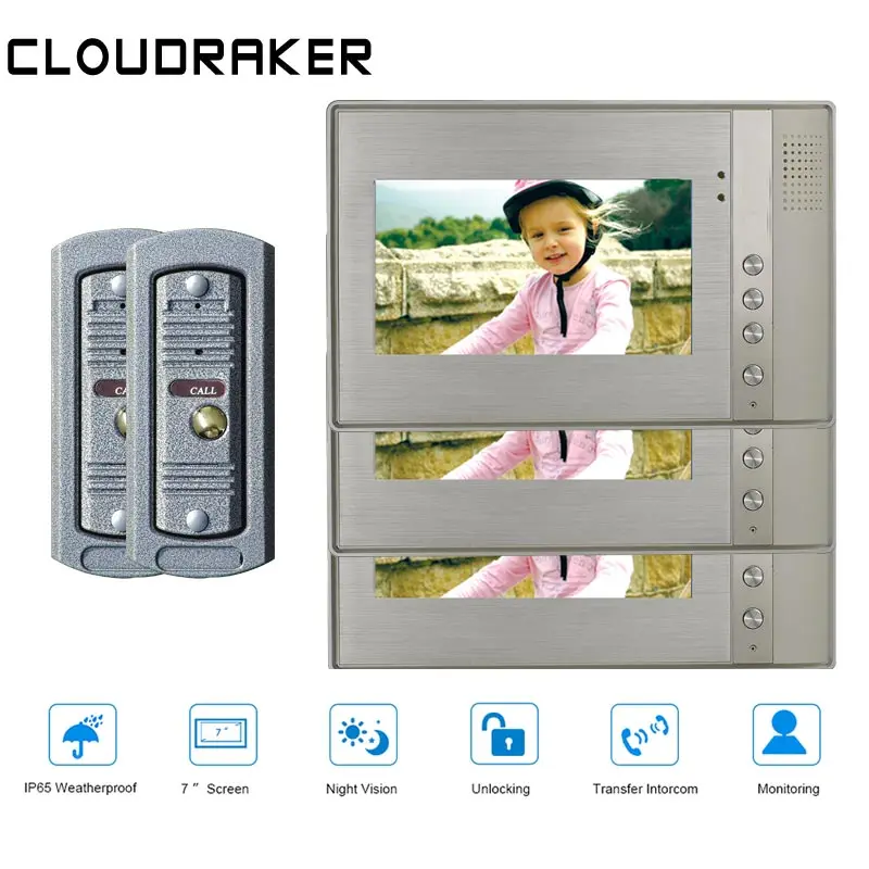 CLOUDRAKER 7'' Video Doorbell Intercom System 3x Metal Outlook Monitor with 2x Wired PI Door Phone Camera Video Intercom
CLOUDRAKER 7'' Video Doorbell Intercom System 3x Metal Outlook Monitor with 2x Wired PI Door Phone Camera Video Intercom