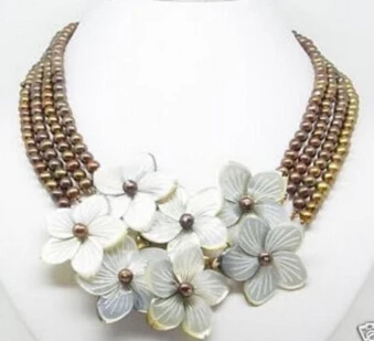 HOT 003313 4 Rows 6-7mm Chocolate pearl MOP flower Shell Necklace