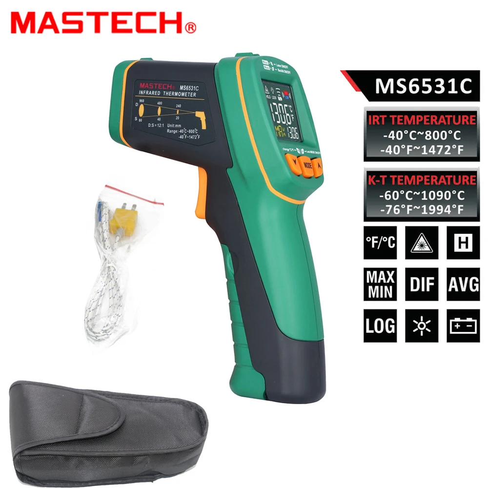 MASTECH MS6531C Handheld Non-contact Infrared Thermometer Point Temperature Gun with K-type Thermocouple Tester
MASTECH MS6531C Handheld Non-contact Infrared Thermometer Point Temperature Gun with K-type Thermocouple Tester