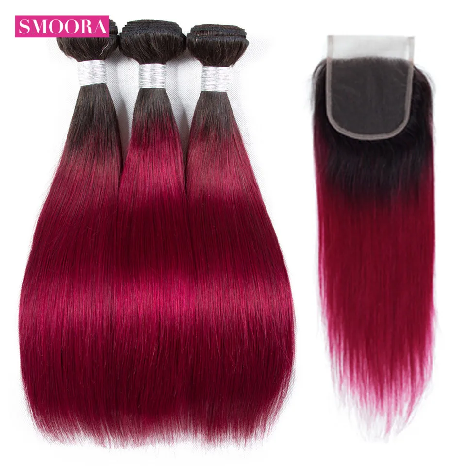 straight ombre hair 1b burgundy 3 bundle with closure free part 1