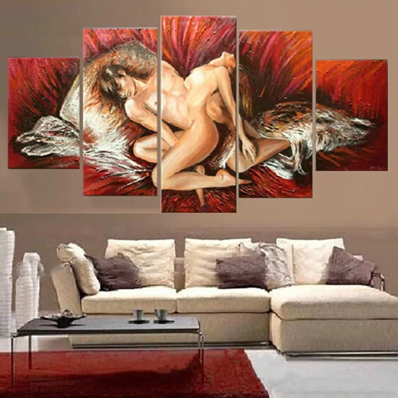 

Hand Painted Women Love Nude Oil Painting on Canvas Modern Abstract Wall Art Decor Acrylic Naked Paintings Sets 5 Panel Pictures