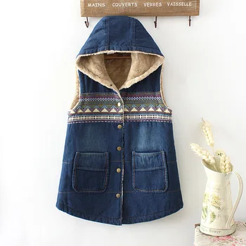 Vintage Ethnic Printed Denim Vest Long Winter Waistcoat For Women Casual Loose Hooded Jean Jacket Thick Warm Velvet Female Gilet
Vintage Ethnic Printed Denim Vest Long Winter Waistcoat For Women Casual Loose Hooded Jean Jacket Thick Warm Velvet Female Gilet
