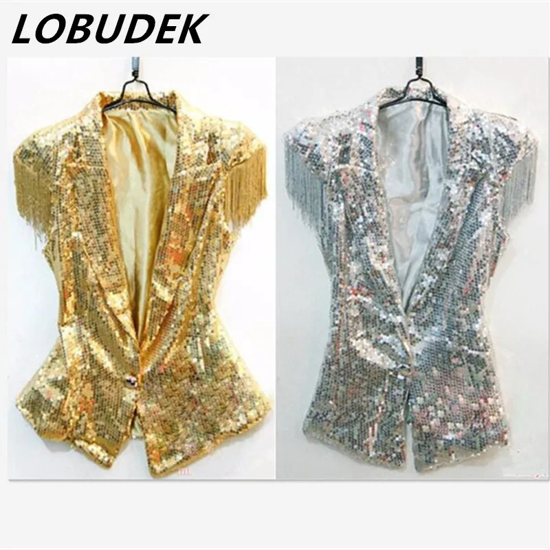female male silver gold sequins vest jacket fashion singer performance Ds lead dancer clothing tassel jazz dancer costume top
female male silver gold sequins vest jacket fashion singer performance Ds lead dancer clothing tassel jazz dancer costume top