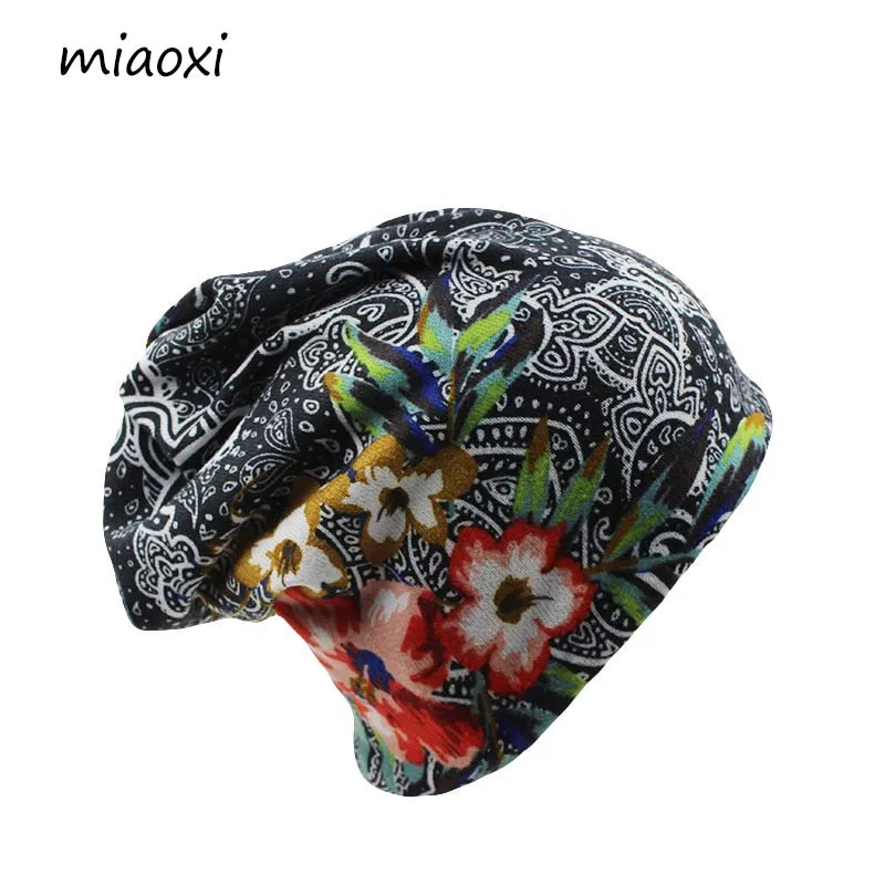 

New Women Hat Polyester Adult Casual Floral Women's Hats Spring Autumn Two Used Female Cap Scarf 3 Colors Fashion Beanies