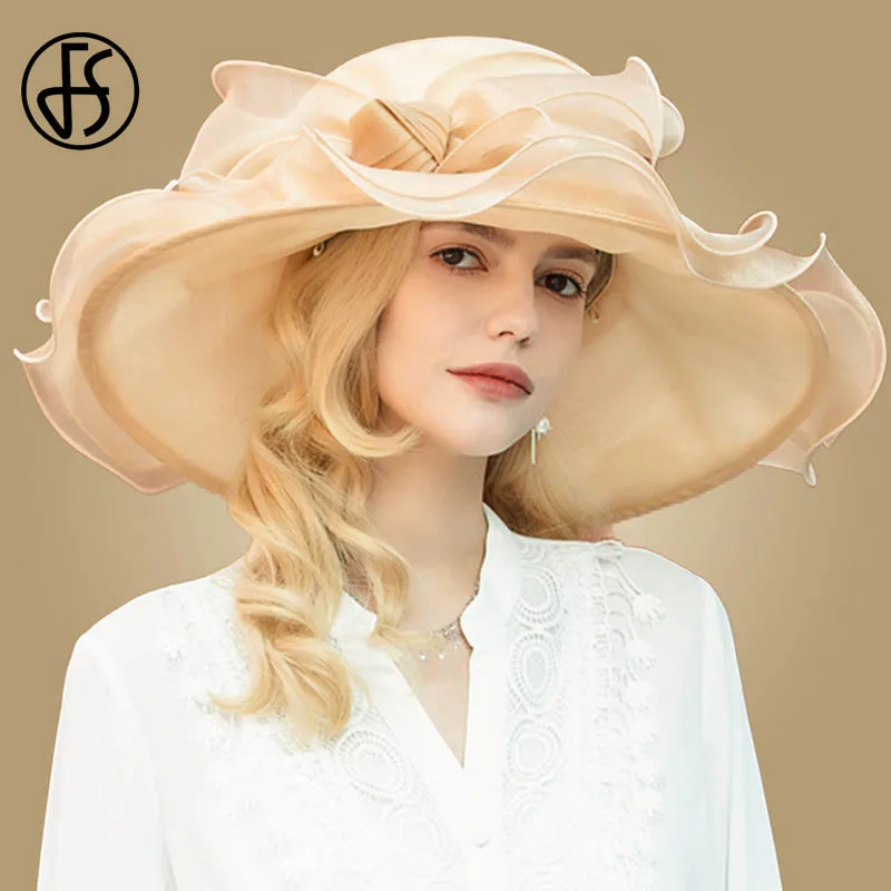 

FS Royal Champagne Organza Hat For Women Fascinator Derby Church Hats Wide Brim Large Kentucky Derby Hat Bow Party Summer Fedora