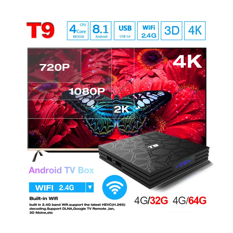 

T9 TV Box 4GB/64GB Android 8.1 4GB 32GB Rockchip RK3328 BT4.1 Wifi 1080P H.265 4K VP9-10 Google Player Set Top Box P