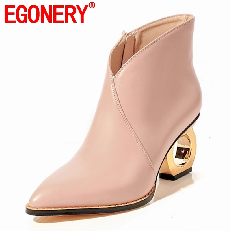

EGONERY newest fashion sexy genuine leather zipper high frework heels pointed toe outside black and pink women winter booties
