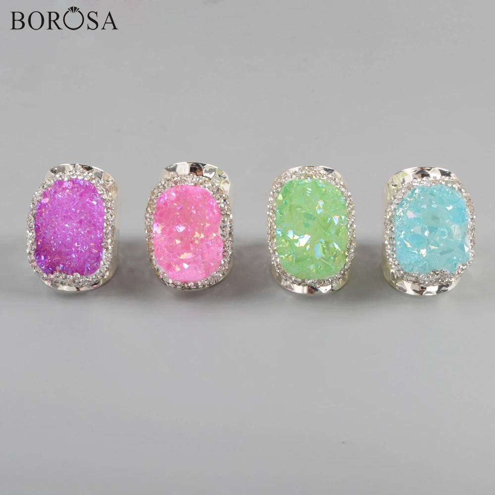 

BOROSA 5Pcs New Silver Plating Rhinestone Paved Agates Druzy Band Ring Rainbow AB Electroplated Druzy Women Rings Jewelry JAB965