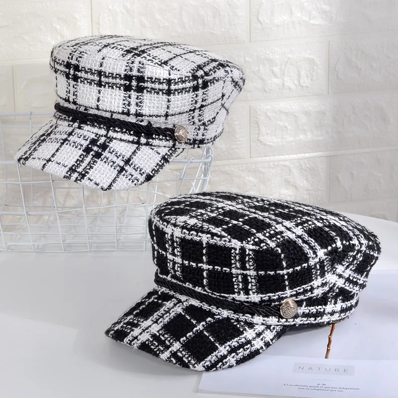 Женская винтажная твидовая клетчатая шляпа Gorras Planas кепка с якорем на пуговицах