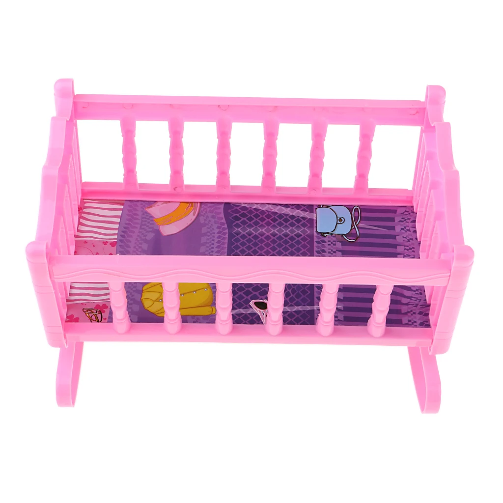 Sweet plastic rocking bed baby doll cradle model for 20cm dolls house or nursery bedroom furniture Pink