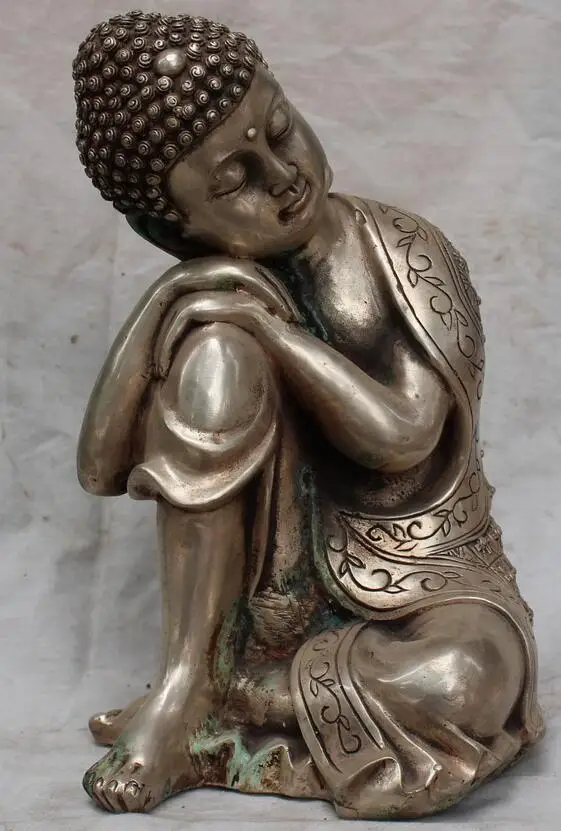 wang6710937++10"Signed Chinese Tibet Buddhism Silver Sleep Shakyamuni Sakyamuni Buddha Statue