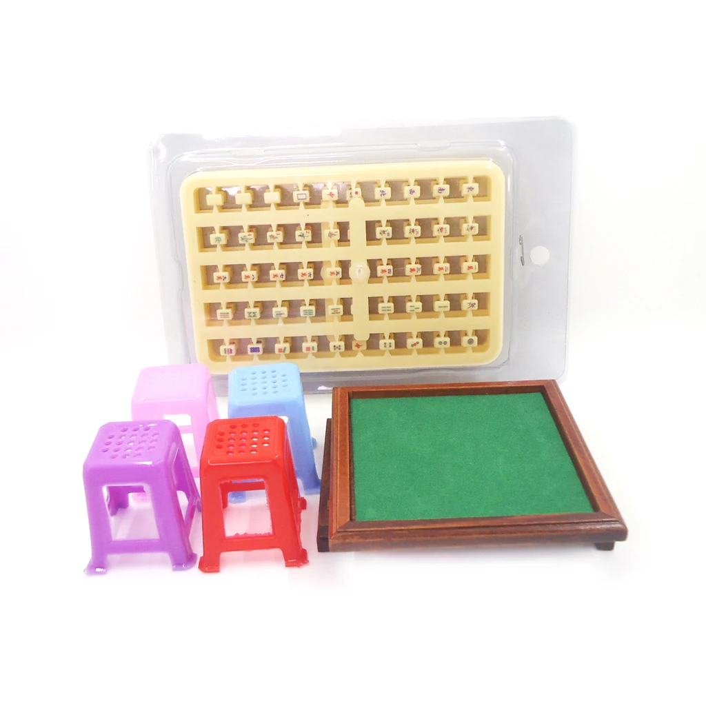 New 1/12 Scale Dollhouse Miniature MahJong Game Set with 4 Stools for 1:12 Dollhouse Decor Kids Toys Birthday Gift Collectibles