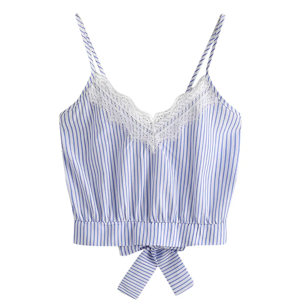 Summer Blue Stripe Tank Tops For Women's Self Tie Back V Neck Crop Tops Cami Camisole Female Camisas Mujer
Summer Blue Stripe Tank Tops For Women's Self Tie Back V Neck Crop Tops Cami Camisole Female Camisas Mujer