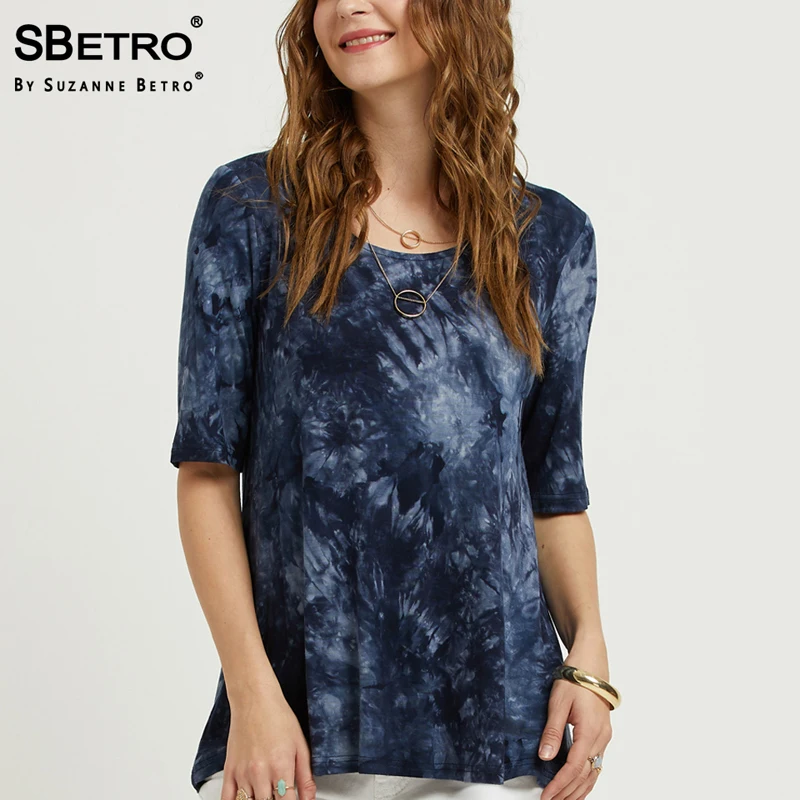 

SBetro Tie Dye T shirt Women Indigo Sccopneck 3/4 Slv Fashion Trendy Summer Casual Tee Shirts Ladies Tunic Top