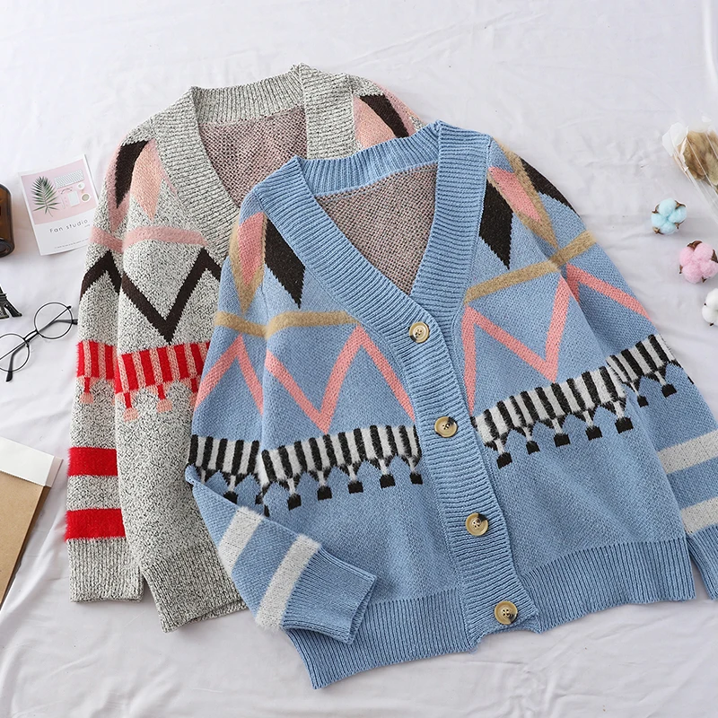 Knitted Cardigan Women Xmas Sweater Autumn Winter 2018 Korean Fashion Loose Long Sleeve Geometric Color Block Thick Jacket Coat |