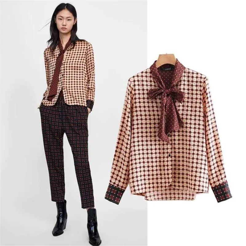 

2019 Early Autumn OL Work Elegant Bowknot Shirt Geometric Floral Blouse Asymmetric Length Cuff Spliced Tops