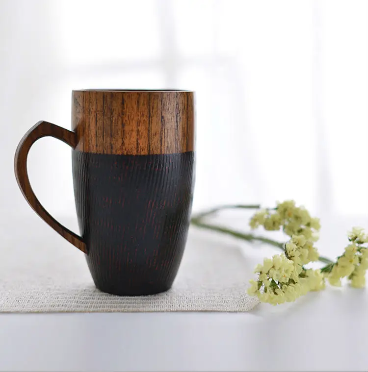 Set of 2 Natural Wood Cups Mugs with Handle Wooden Couples Mugs Coffee TeaMilkJuiceWater Mugs Drinkware Handcraft Wood Gifts (2)