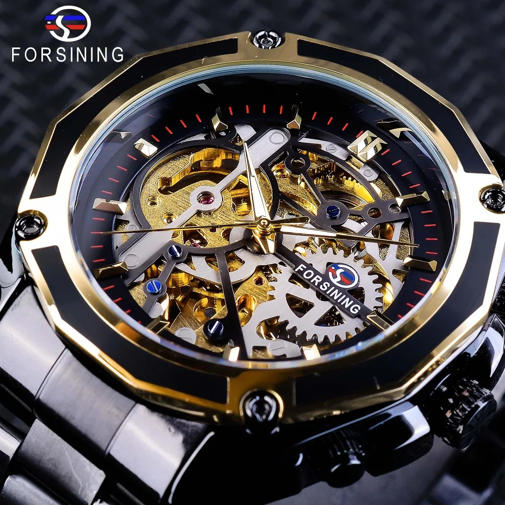 

Forsining Steampunk Style Men's Skeleton Watches Black Automatic Men's Watch Top Brand Luxury Luminous Hands Horloges Mannen