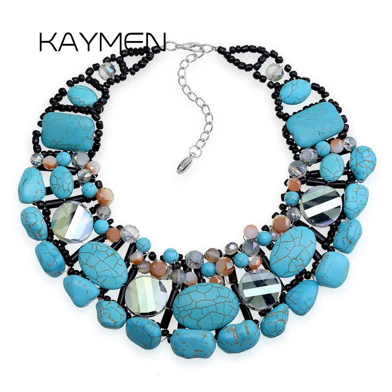 

New Synthtic Turquoise Weaving Statement Crystals Necklace for Women Girls Handmade Luxury Chokers Costume Jewelry Drop-shipping