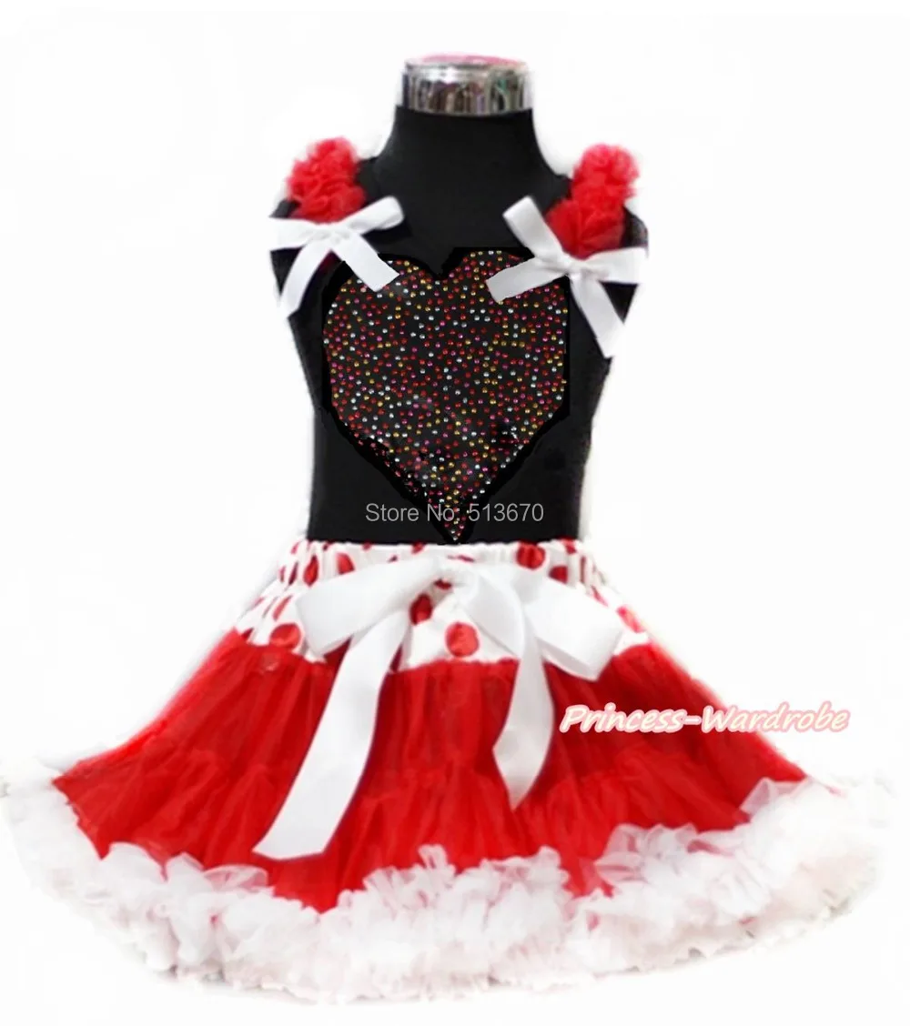 

Valentine Rhinestones Heart Black Top Dot Waist Red White Girl Pettiskirt 1-8Y MAPSA0192