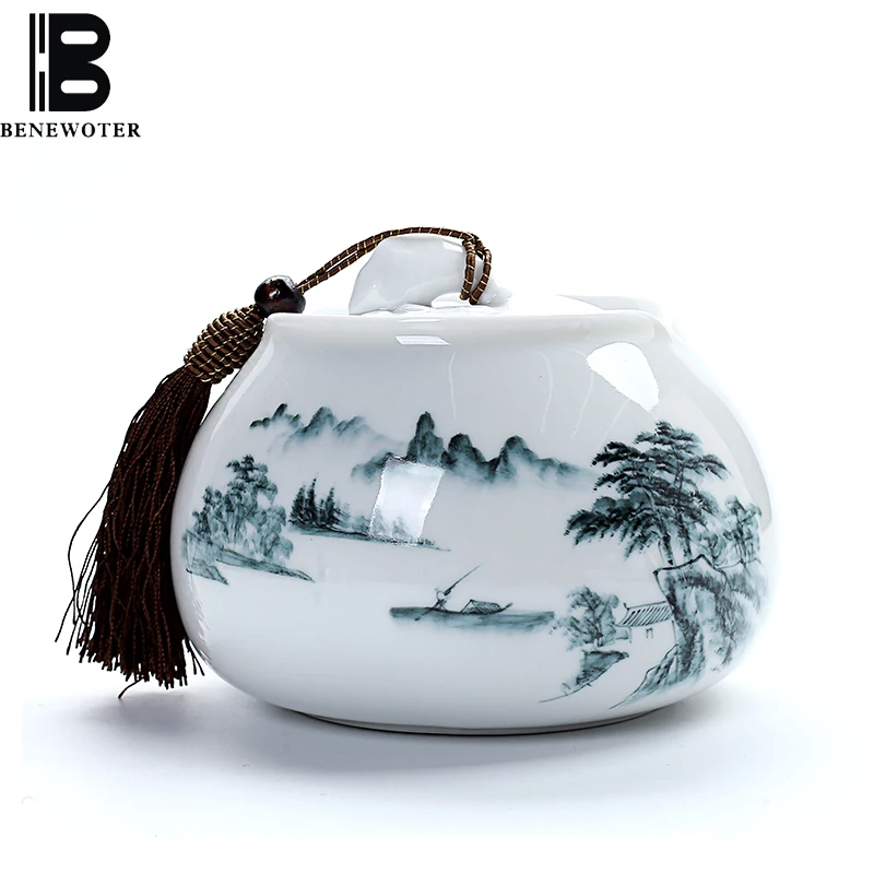 

Jingdezhen Hand Painted Landscape Tea Caddy Ceramic White Porcelain Tea Cans Food Storage Canister Spice Sealed Jar Home Decor
