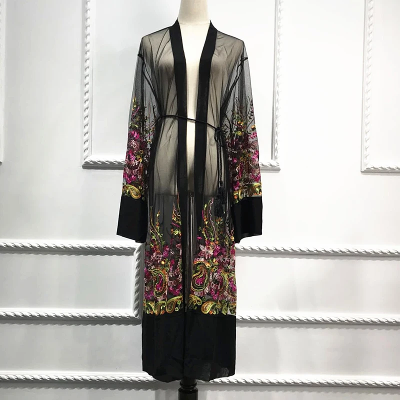 Женское длинное кимоно с цветочной вышивкой шифоновая блузка-кардиган сеткой