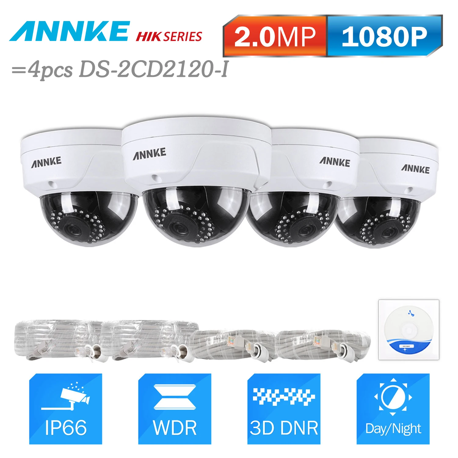 ANNKE 4pcs 2MP HD POE Security IP Dome Camera 30m Night Vision Smart IR Outdoor IP66 Weatherproof Metal Case=HIK DS-2CD2120-I |