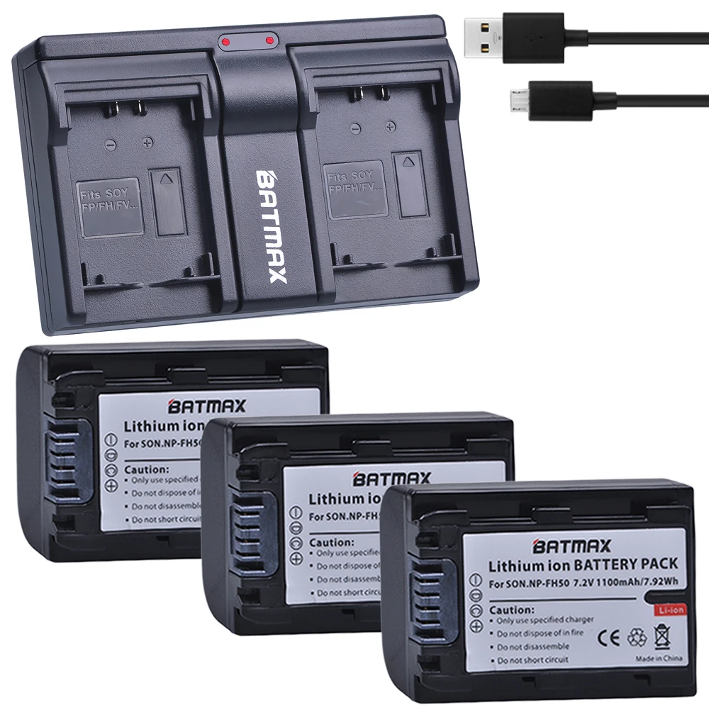 

3Pcs 1100mAh NP-FH50 NP FH50 NPFH5 NP FH70 FH100 Batteries + USB Dual Charger for Sony A230 A290 A390 HX100 HX200 HDR-TG1E