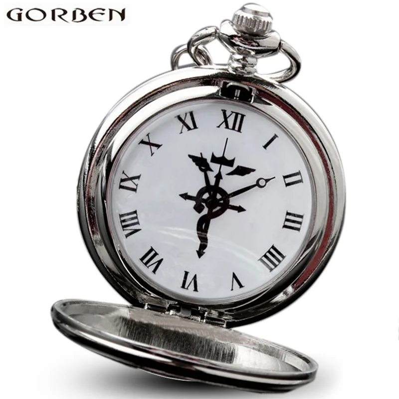 

Anime Silver Fullmetal Alchemist Cosplay Edward Elric Vintage Pocket Watch Necklace Men Women Chain Pendant Clock Steampunk Gift