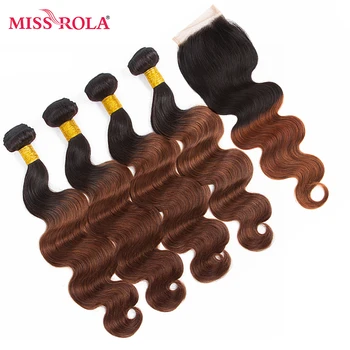 

Miss Rola Hair Pre-colored Ombre Mongolian Body Wave Hair #1B/33 Human Hair Weave 4 Bundles with Closure Hair Extension Non-Remy
