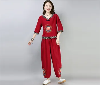 Vintage V-Neck Embroidery Linen Cotton Plus Size 3XL Elegant Conjunto Feminino Ethnic Loose and Comfortable Two Piece Set Women 
Vintage V-Neck Embroidery Linen Cotton Plus Size 3XL Elegant Conjunto Feminino Ethnic Loose and Comfortable Two Piece Set Women