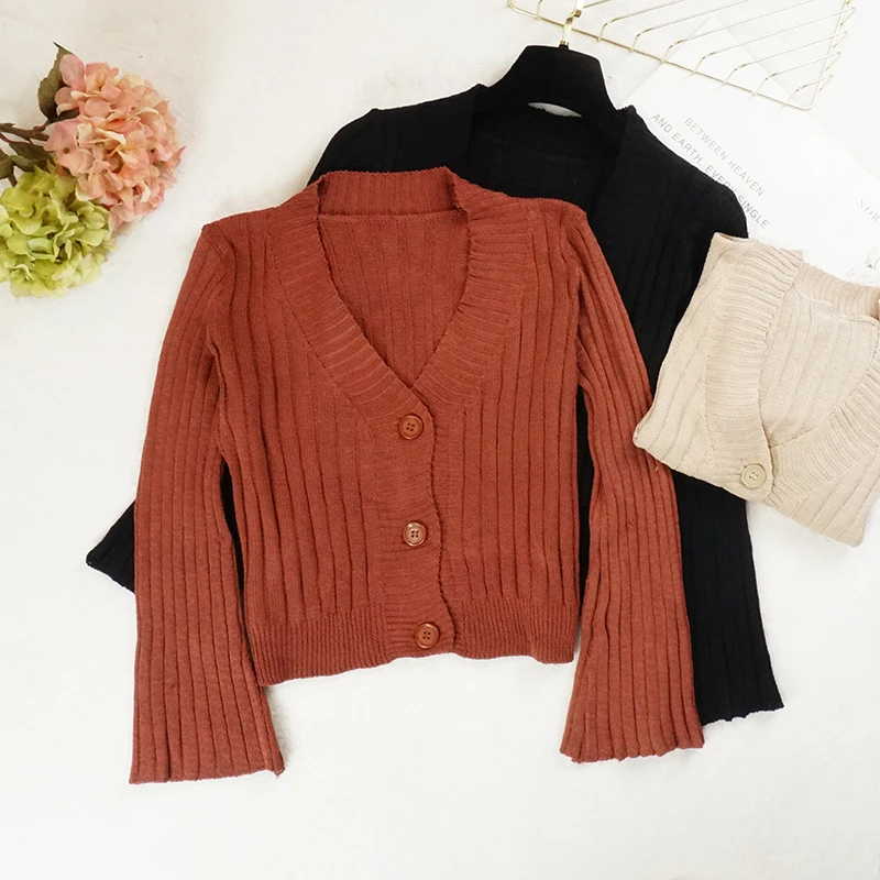 Spring Autumn Women Knitted Cardigans Slim V Neck Buttons Knit Short Coat Female Solid Elegant Flare Sleeve Tops Cardigan SF1297 |