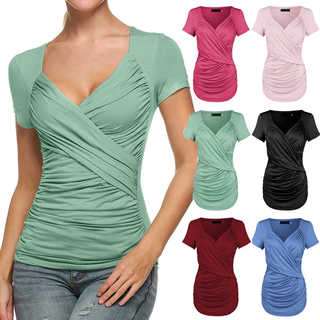 Fashion Solid color V-neck short sleeve pleated Cross Overlap Fold Casual Top T-Shirt 6 Colors Bigh size Summer Shirts For ladie
Fashion Solid color V-neck short sleeve pleated Cross Overlap Fold Casual Top T-Shirt 6 Colors Bigh size Summer Shirts For ladie