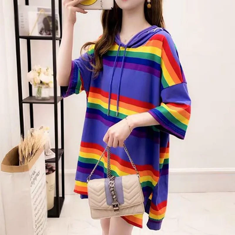 Tshirts Women Rainbow Hooded Pocket Tee Harajuku Stripe Plus Size Block Top Streetwear Women/Men Long T-Shirt Pullover
Tshirts Women Rainbow Hooded Pocket Tee Harajuku Stripe Plus Size Block Top Streetwear Women/Men Long T-Shirt Pullover