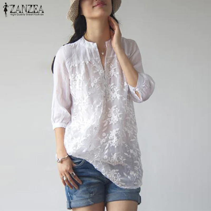 S 5XL ZANZEA 2019 Summer Women Solid V Neck 3/4 Sleeve Elegant Vintage Floral Lace Crochet Irregular Work OL Loose Blouse Shirts
S 5XL ZANZEA 2019 Summer Women Solid V Neck 3/4 Sleeve Elegant Vintage Floral Lace Crochet Irregular Work OL Loose Blouse Shirts