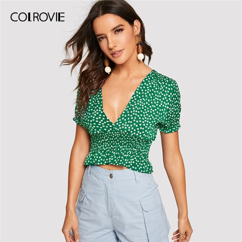 COLROVIE Green Deep V Neck Shirred Ditsy Floral Print Slim Fit Crop Top Women Boho Blouse shirt 2019 Summer Holiday Ladies Tops
COLROVIE Green Deep V Neck Shirred Ditsy Floral Print Slim Fit Crop Top Women Boho Blouse shirt 2019 Summer Holiday Ladies Tops