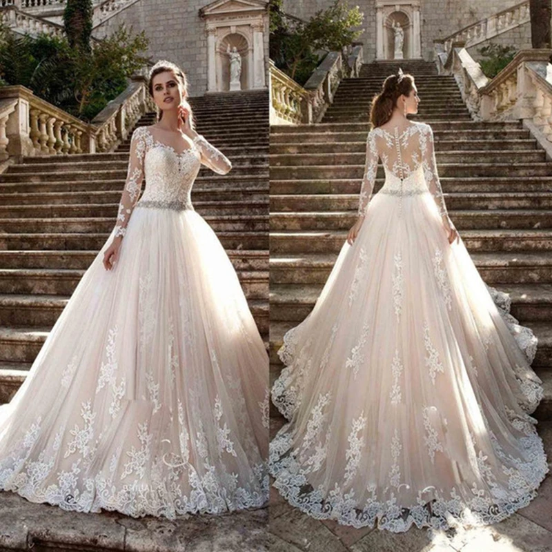 Vintage Scoop Wedding Dresses Long Illusion Sleeves Lace Applique Beading Waist Sweep Train Bridal Gown Dress with Back Buttons
Vintage Scoop Wedding Dresses Long Illusion Sleeves Lace Applique Beading Waist Sweep Train Bridal Gown Dress with Back Buttons