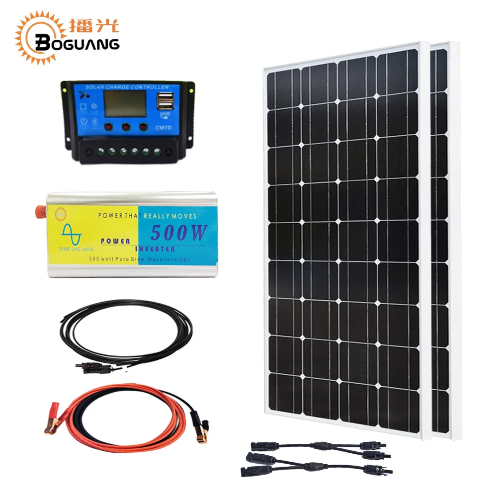 

Boguang 200w system kit 2*100w Solar panel mono cell 20A controller 500w pure sine wave inverter connector cable for 12v battery