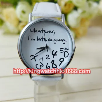 100pcs/lot,Fashion Women Leather WristWatches Letter Geneva Watch whatever I'm Already Late Irregular Figure Quartz Watch
100pcs/lot,Fashion Women Leather WristWatches Letter Geneva Watch whatever I'm Already Late Irregular Figure Quartz Watch
