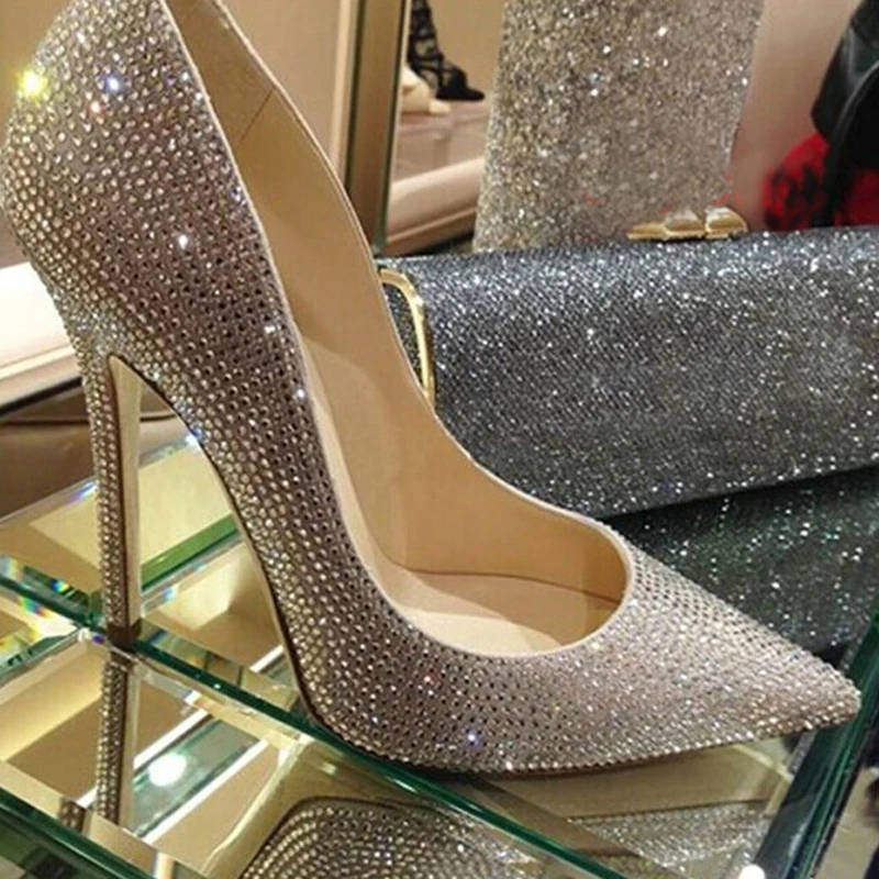 Fashion Pointed Toe Bridal Shoes Rhinestone High-heeled Shoes Single Diamond Thin Heels Wedding Party Prom Pumps Shoes