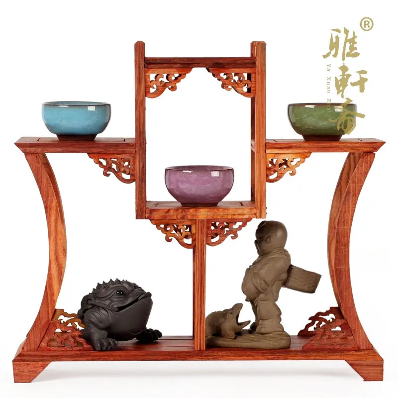 

Красная сандаловая деревянная полка Ya Xuanzhai из палисандра, резные украшения, подставка под чайник, стол с изысканной отделкой